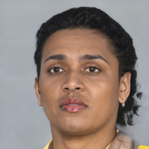 Neutral black young-adult female with short  black hair and brown eyes