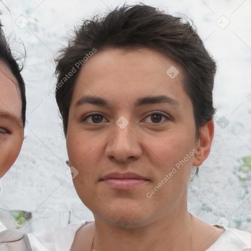 Joyful white young-adult female with short  brown hair and brown eyes