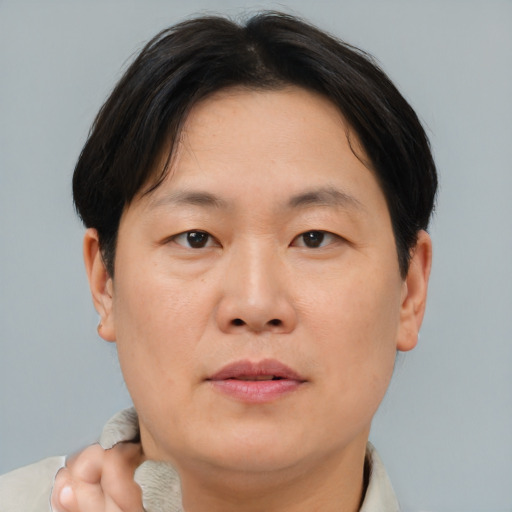 Neutral asian young-adult male with short  brown hair and brown eyes