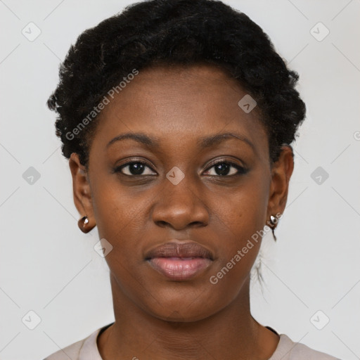 Neutral black young-adult female with short  black hair and brown eyes