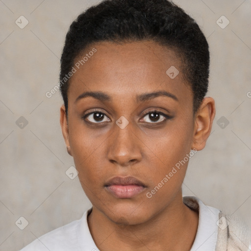 Neutral black young-adult female with short  black hair and brown eyes