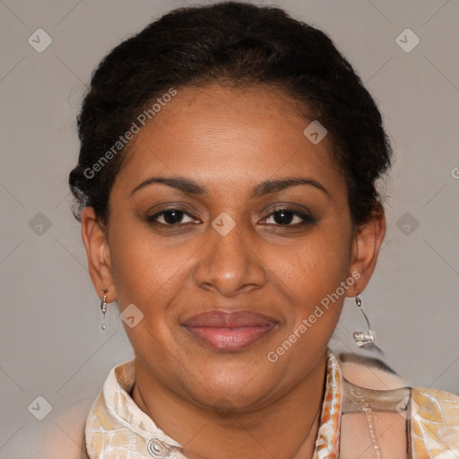 Joyful latino adult female with short  brown hair and brown eyes