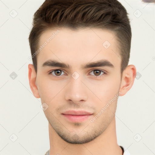 Neutral white young-adult male with short  brown hair and brown eyes