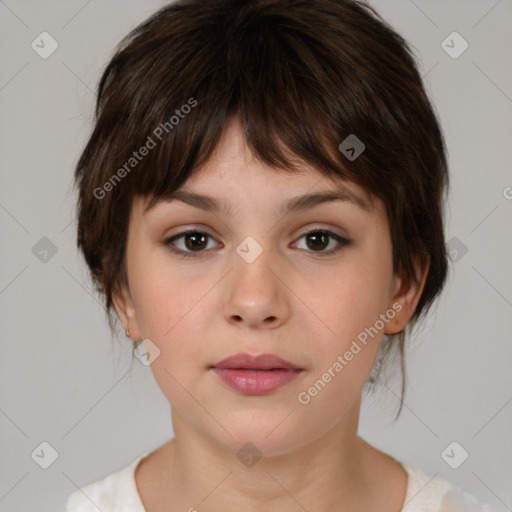 Neutral white young-adult female with medium  brown hair and brown eyes