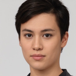 Neutral white young-adult female with short  brown hair and brown eyes