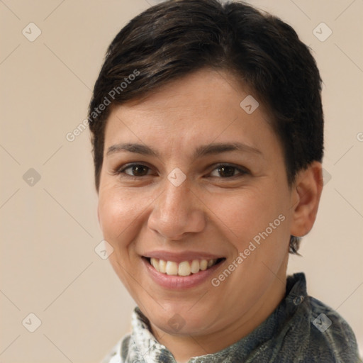 Joyful white young-adult female with short  brown hair and brown eyes