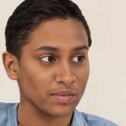 Neutral white young-adult female with short  brown hair and brown eyes