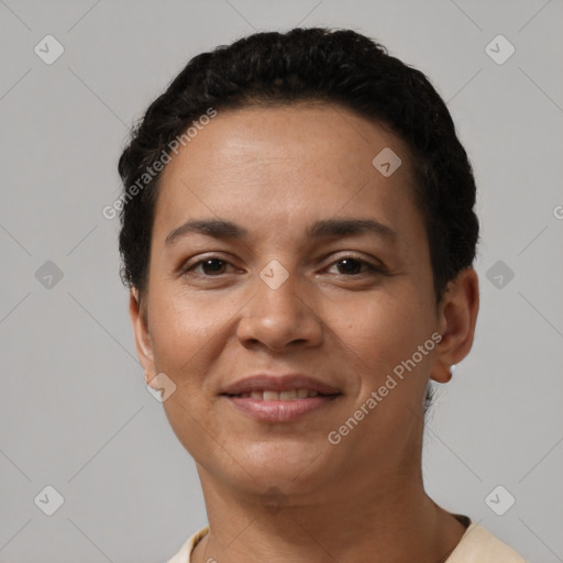 Joyful latino young-adult female with short  black hair and brown eyes