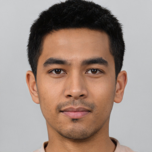 Neutral asian young-adult male with short  black hair and brown eyes