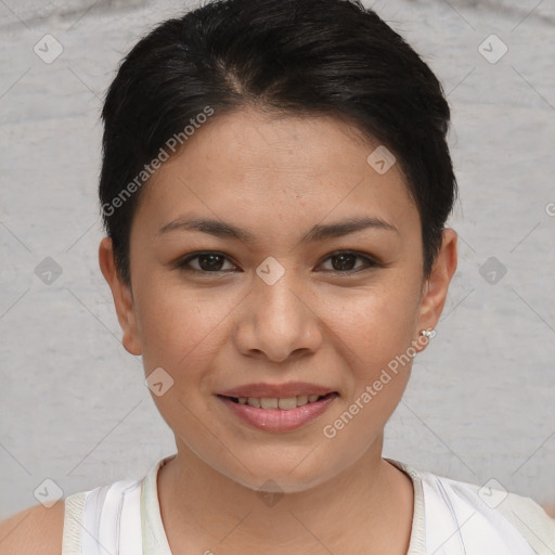 Joyful white young-adult female with short  brown hair and brown eyes