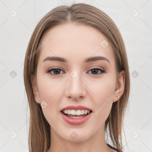 Joyful white young-adult female with long  brown hair and grey eyes