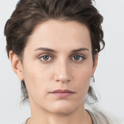 Neutral white young-adult female with short  brown hair and brown eyes