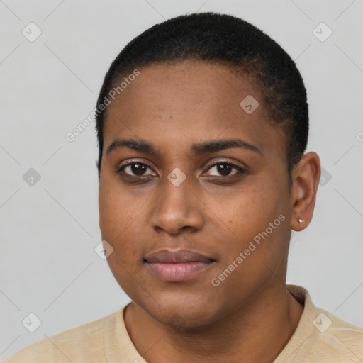 Neutral black young-adult female with short  black hair and brown eyes