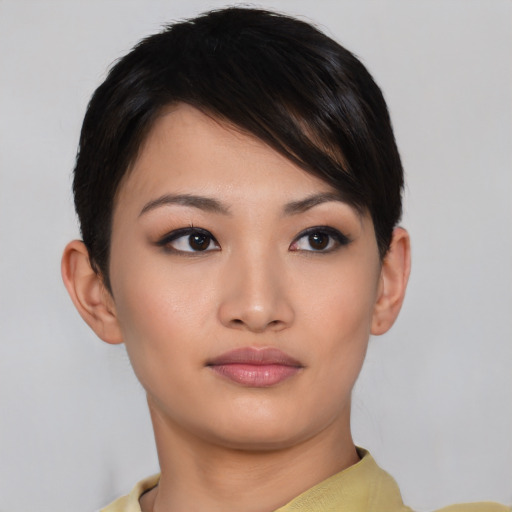 Neutral asian young-adult female with short  black hair and brown eyes