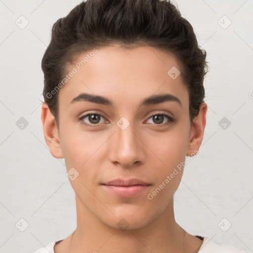 Joyful white young-adult female with short  brown hair and brown eyes