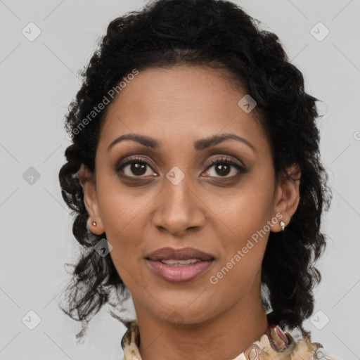 Joyful black young-adult female with medium  brown hair and brown eyes