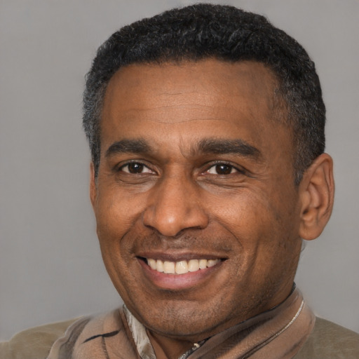 Joyful black adult male with short  brown hair and brown eyes