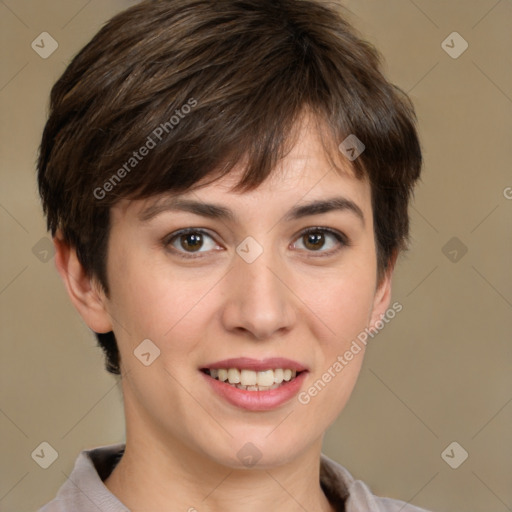 Joyful white young-adult female with short  brown hair and brown eyes