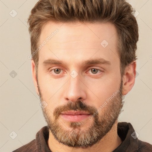 Neutral white adult male with short  brown hair and brown eyes