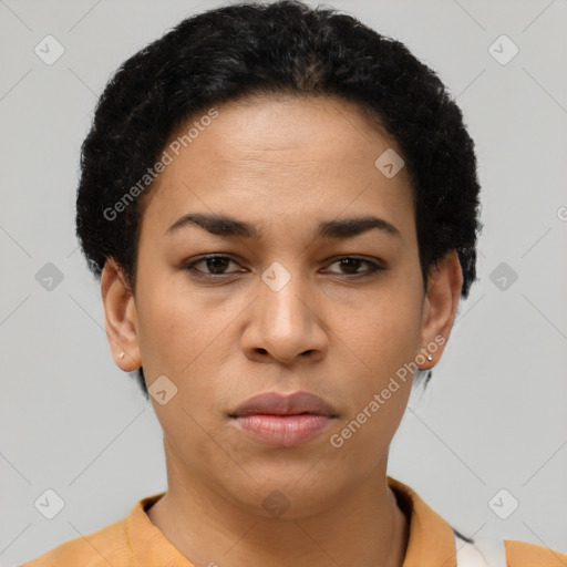 Neutral latino young-adult female with short  brown hair and brown eyes