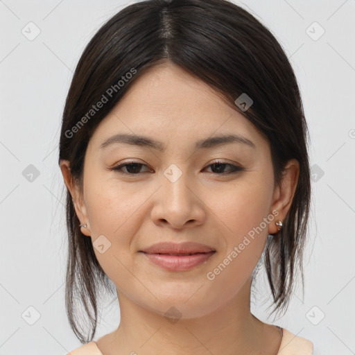 Joyful white young-adult female with medium  brown hair and brown eyes