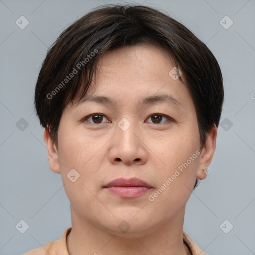 Joyful asian young-adult female with short  brown hair and brown eyes