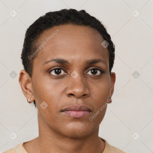 Neutral black young-adult female with short  brown hair and brown eyes