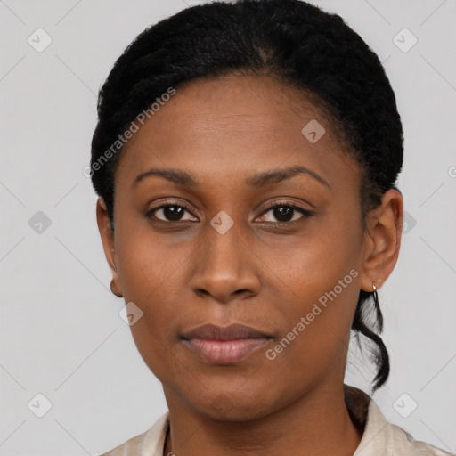 Neutral black young-adult female with short  black hair and brown eyes