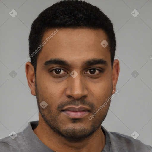 Neutral black young-adult male with short  black hair and brown eyes