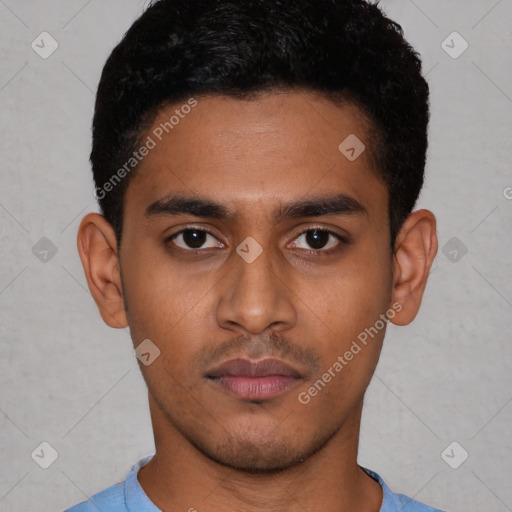 Neutral latino young-adult male with short  black hair and brown eyes