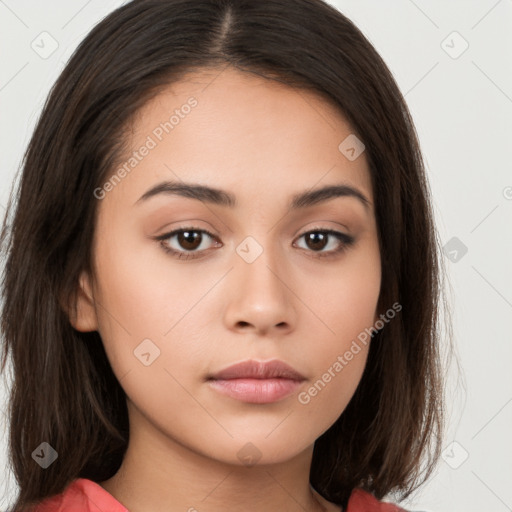 Neutral white young-adult female with long  brown hair and brown eyes