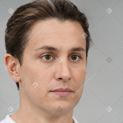 Neutral white adult male with short  brown hair and brown eyes