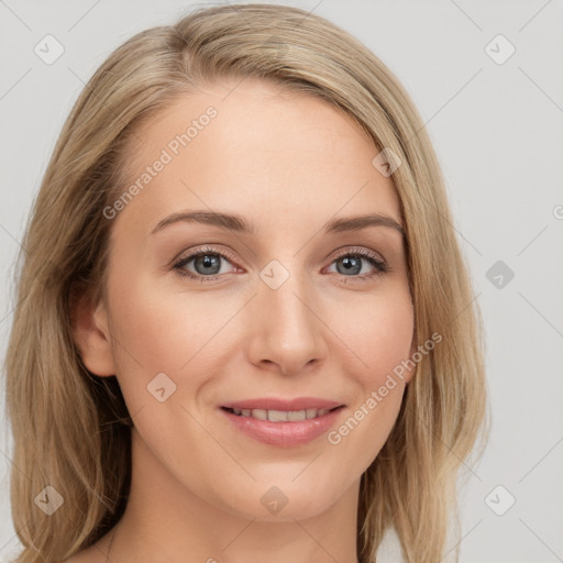 Joyful white young-adult female with long  brown hair and blue eyes