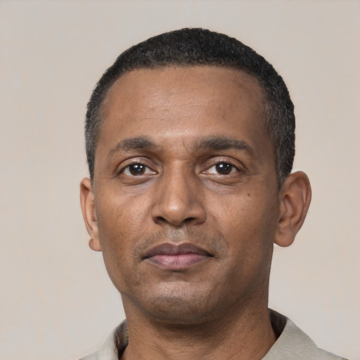 Neutral black adult male with short  black hair and brown eyes