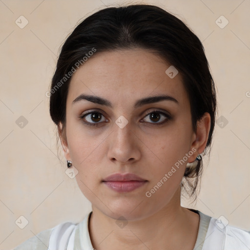 Neutral white young-adult female with medium  brown hair and brown eyes