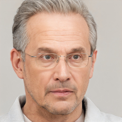 Neutral white middle-aged male with short  gray hair and brown eyes