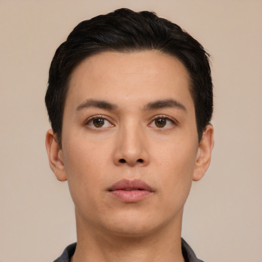 Neutral asian young-adult male with short  black hair and brown eyes