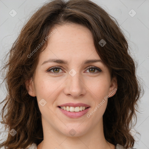 Joyful white young-adult female with long  brown hair and green eyes