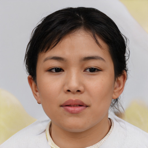 Neutral asian young-adult female with short  brown hair and brown eyes