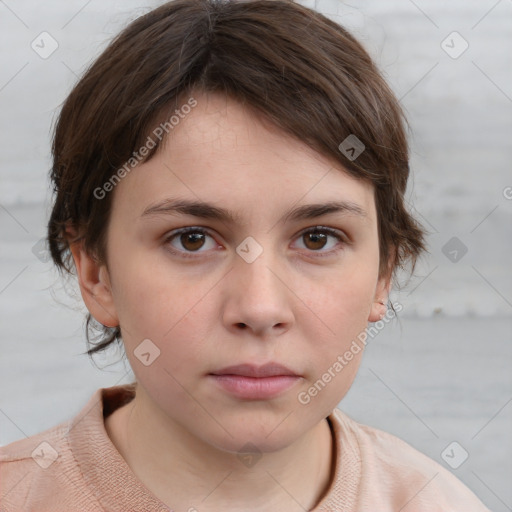 Neutral white young-adult female with short  brown hair and brown eyes