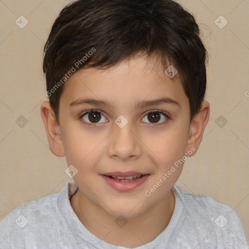 Joyful white child female with short  brown hair and brown eyes