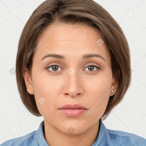 Neutral white young-adult female with medium  brown hair and brown eyes