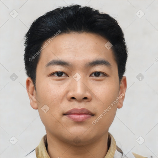 Neutral asian young-adult male with short  black hair and brown eyes