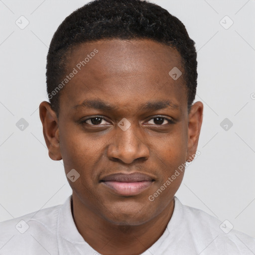 Joyful black young-adult male with short  brown hair and brown eyes
