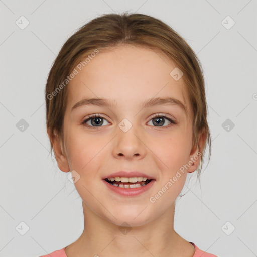 Joyful white child female with medium  brown hair and brown eyes