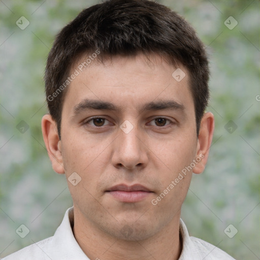 Neutral white young-adult male with short  brown hair and brown eyes