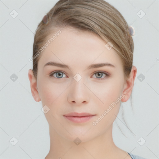 Neutral white young-adult female with short  brown hair and grey eyes