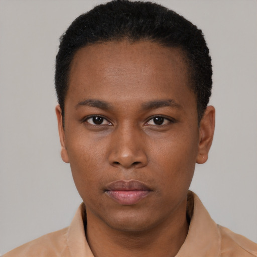 Neutral black young-adult female with short  brown hair and brown eyes