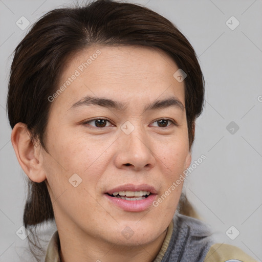 Joyful white young-adult male with medium  brown hair and brown eyes
