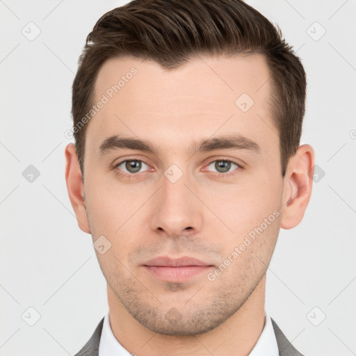 Neutral white young-adult male with short  brown hair and brown eyes